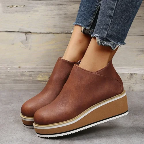 Women's Fashion Boots – Round Toe, High Heel, Zip Closure, Autumn Winter Cowboy Wedge Style