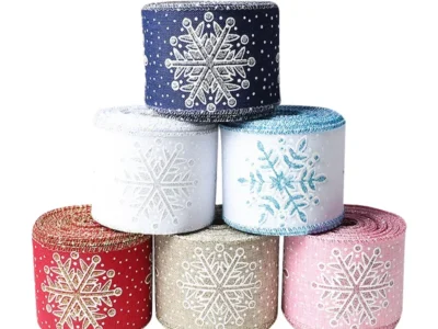 10 Yards Christmas Snowflake Ribbon – Printed Fabric with Wired Edge for DIY Gift Wrapping & Wreath Bows