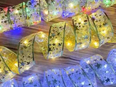1-10m LED Fairy Ribbon Lights – Christmas Tree Ornaments & Bow String Lights