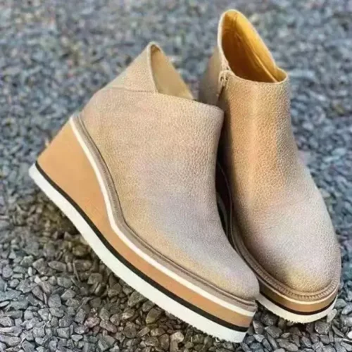 Women's Fashion Boots – Round Toe, High Heel, Zip Closure, Autumn Winter Cowboy Wedge Style