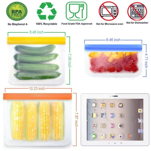 Reusable Silicone Food Storage – Eco-Friendly Freezer Bags | Fruit Vegetable Bag Fresh-keeping Bag Sealed | Freezer Bag Leakproof Food Ziplock Bag