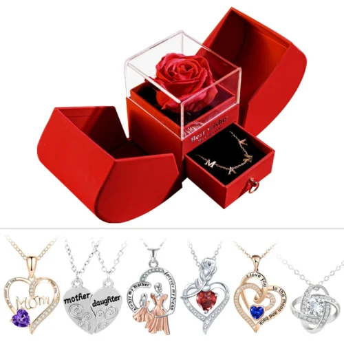 Eternal Rose Gift Box with Heart Necklace, “I Love You to the Moon and Back”