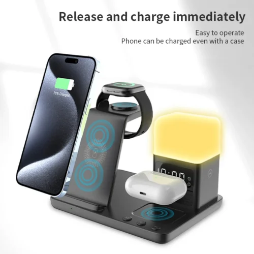 6 In 1 Wireless Charger Stand – Multifunctional and Efficient | Fast Charging Dock Station With Alarm Clock
