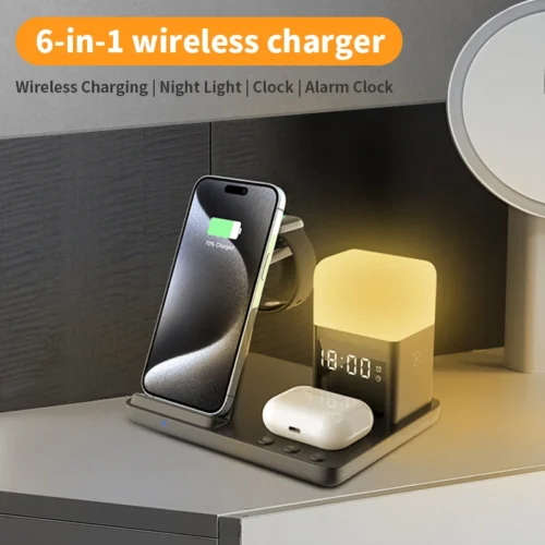6 In 1 Wireless Charger Stand – Multifunctional and Efficient | Fast Charging Dock Station With Alarm Clock