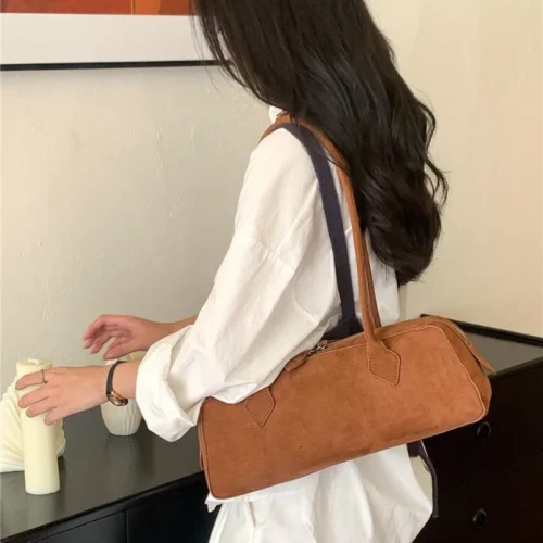 Vintage Underarm Bags Female – Stylish Faux Suede Baguette Bag|Frosted Leather Large Capacity |Design Stick Bag